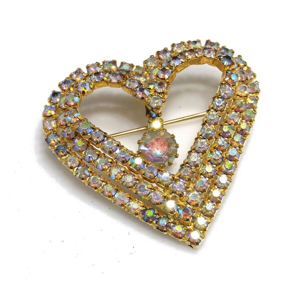 Aurora Borealis Heart Brooch, AB Rhinestone Dangle, 1960s Vintage Jewelry - Picture 1 of 10